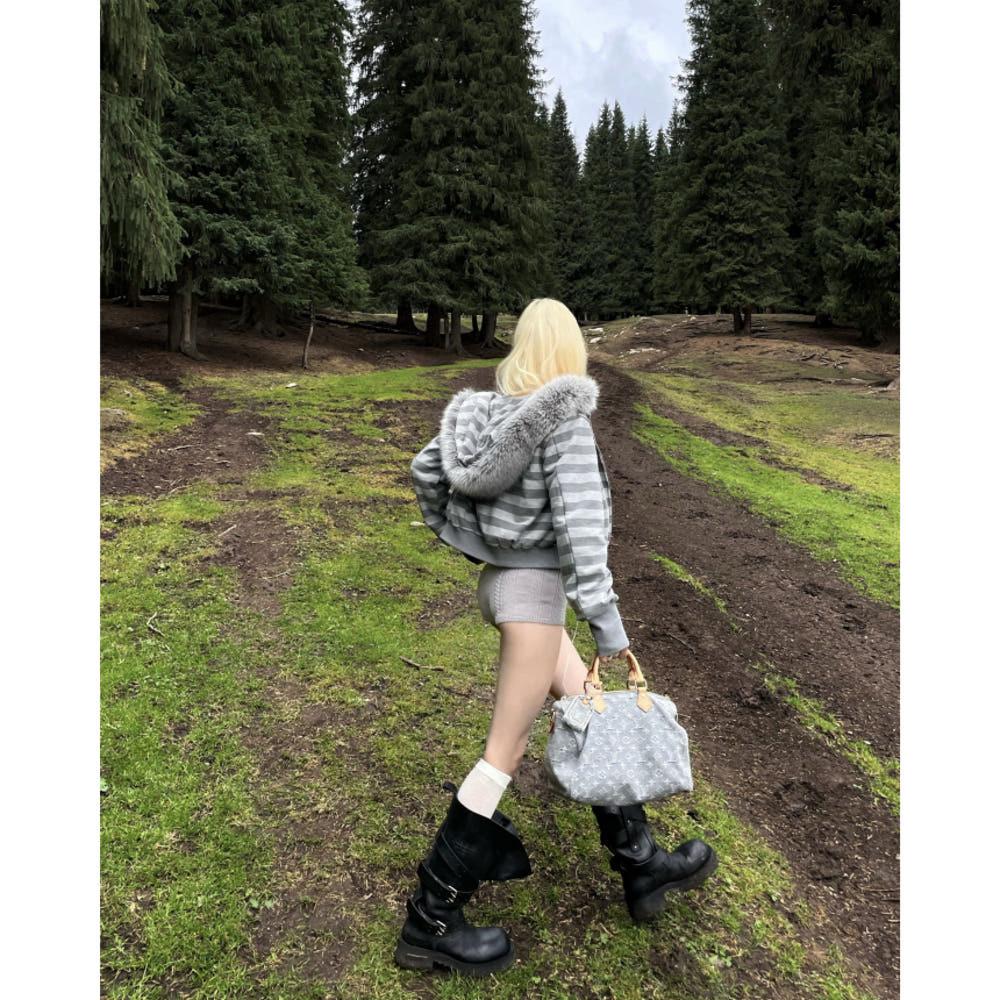 RASE LE SOL 자켓 레트로 스트라이프 퍼 칼라 코트 슬림 숏 후드 스웨트셔츠