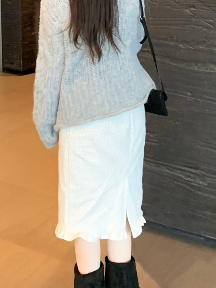 도트 코튼 미디 스커트