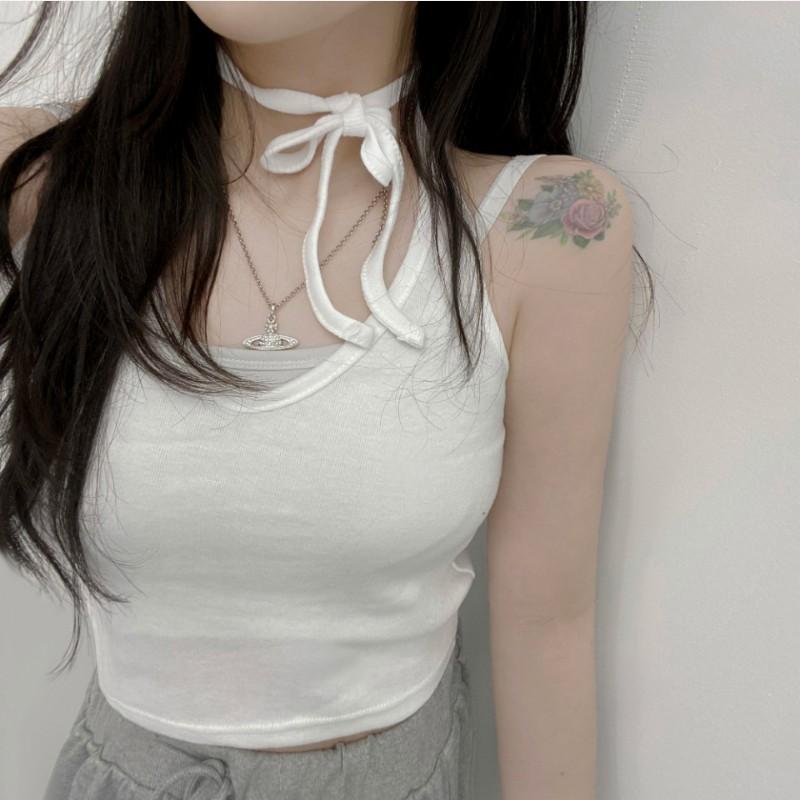 스트랩 리본 끈 홀터 크롭 나시