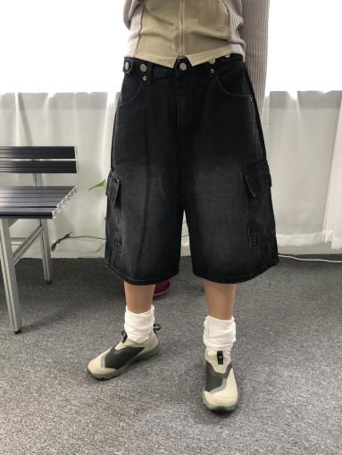 흑청 카고 버뮤다 비죠 5부 반 바지 데님 바지 팬츠