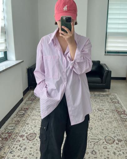 4계절 스트라이프 긴팔 셔츠 ( 핑크 스카이블루 네이비 ) 오버핏 롱기장 남방