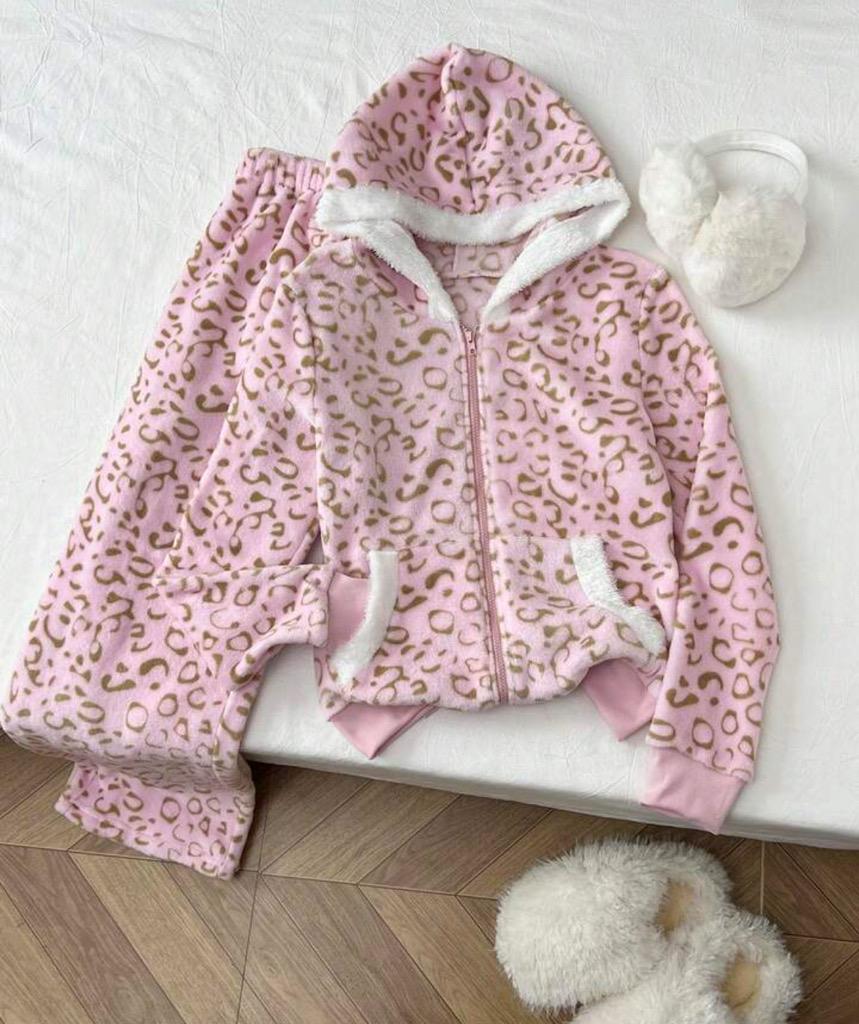 Elamini 여성 가을/겨울 패션 레오파드 프린트 보온 안감 지퍼업 후드티 및 드로스트링 플레어 팬츠 2피스 세트, 캐주얼 스포티 다용도