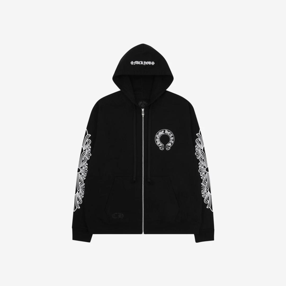Chrome Hearts Horseshoe Floral Fuck You Logo Fleece Zip-Up Hoodie Black