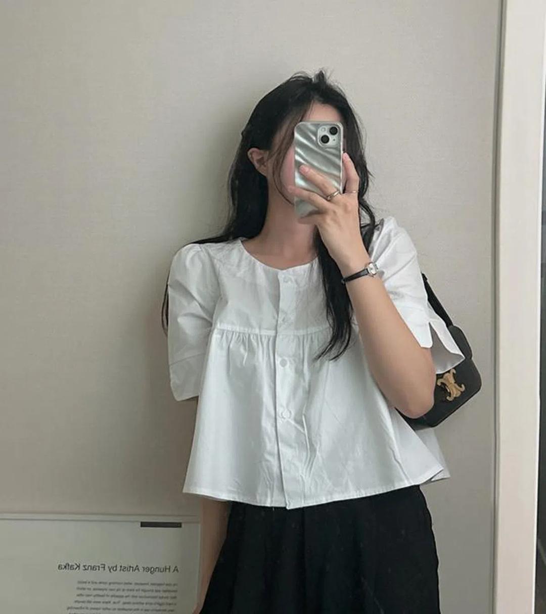 [4color/팔뚝커버!] 리즈 플레어 라운드 코튼 반팔 블라우스/ 하객룩_몽그라미