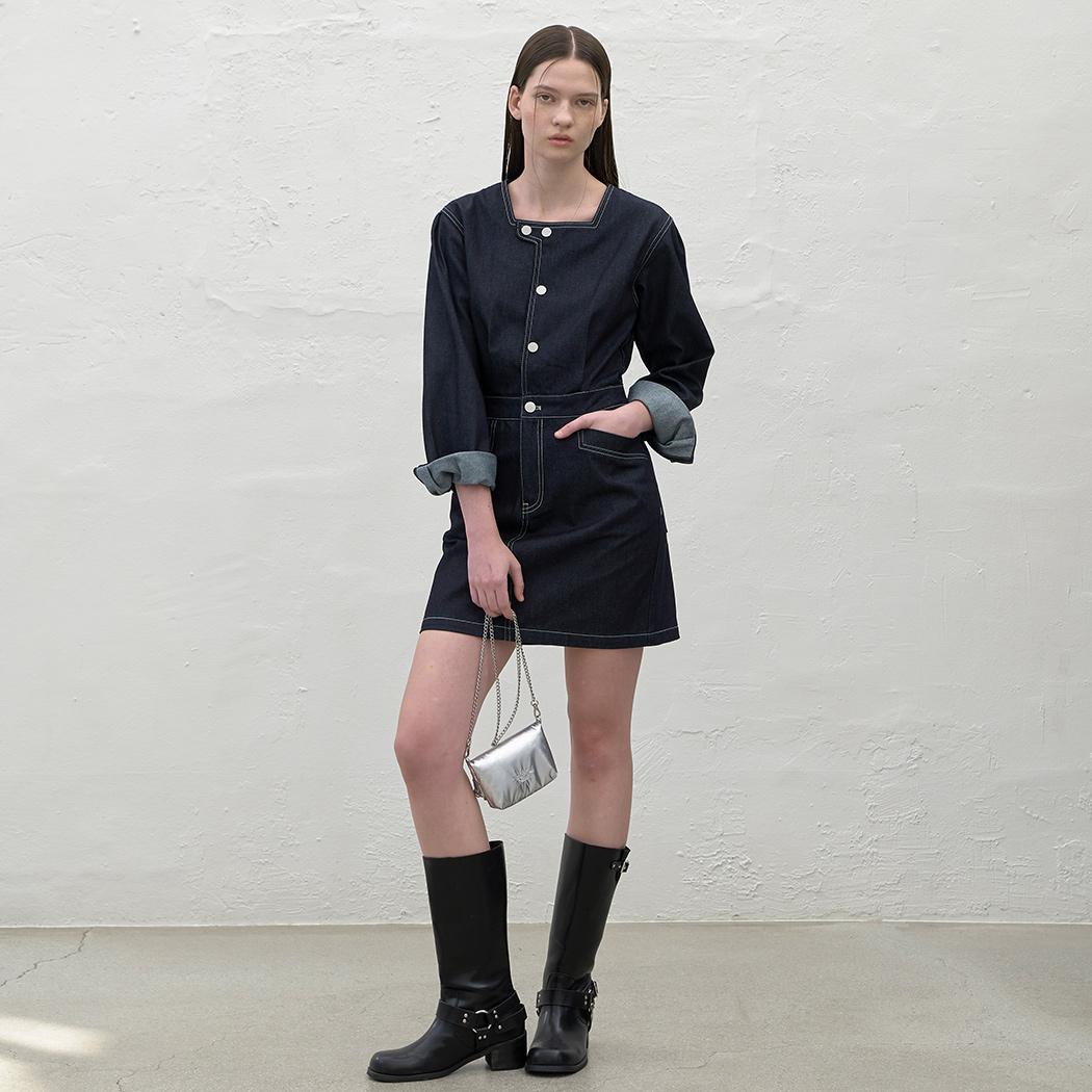 (OP-6149)BAON SQUARE NECK MINI DENIM DRESS