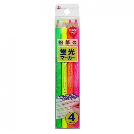 KUTSUWA Hi LiNE Highlighter Pencil, 4 brilliant fluorescent colors/set, 1 Set, Yellow, green, Pink, Orange (PA001) :: 유에스공구