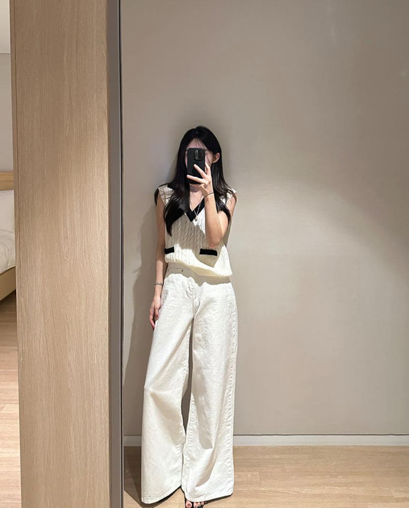 [자체제작/당일] 화이트 립포켓 와이드 롱 데님 (S/M)