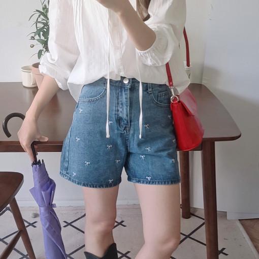 레이시 리본 중청 데님팬츠