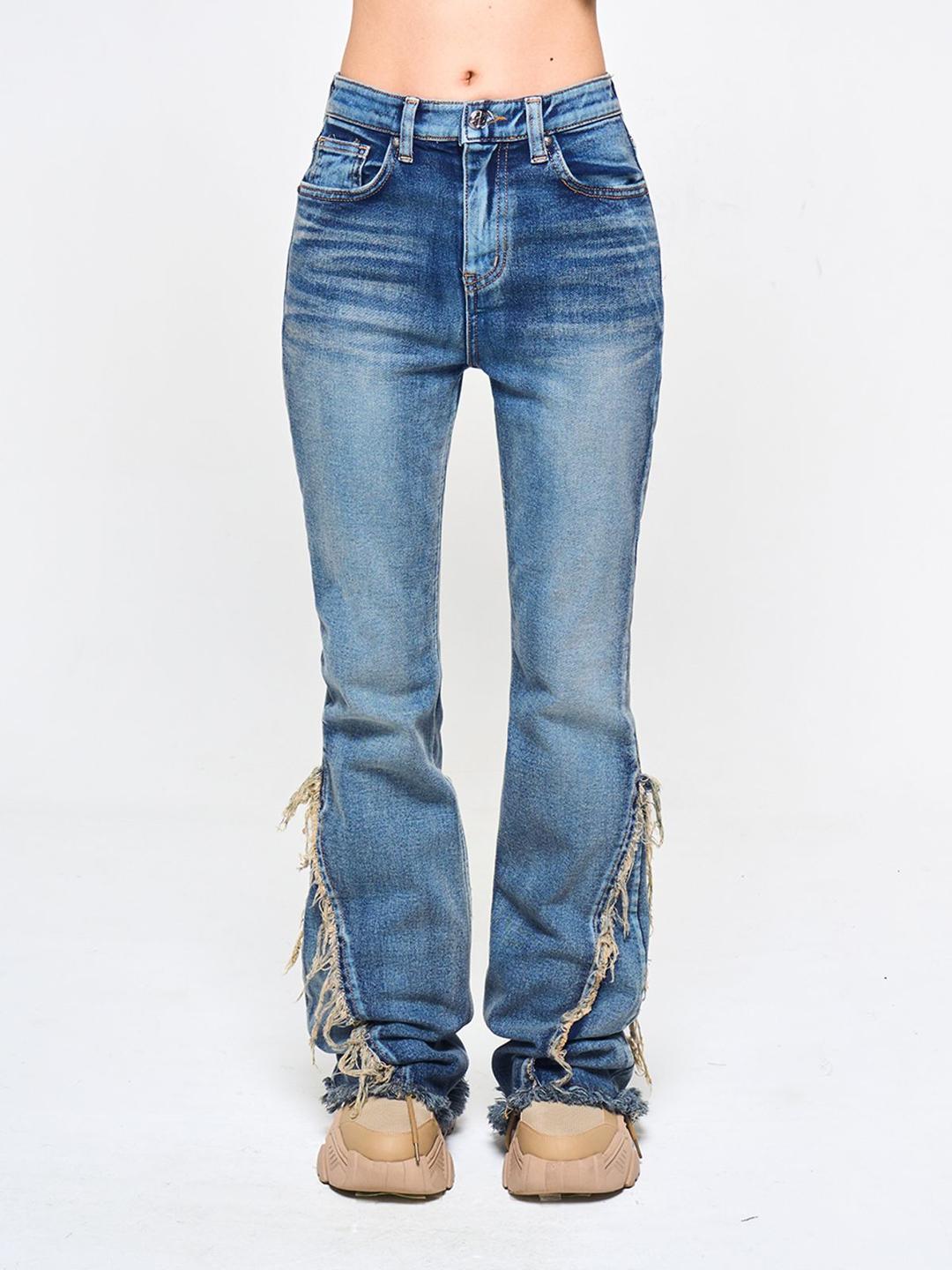 TASSEL TRIM BOOTS CUT PANTS BLUE