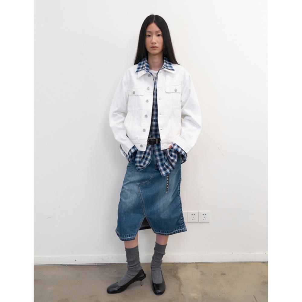NEVERSEEZ 자켓 화이트 셀비지 캐주얼 루즈 크롭 데님 재킷