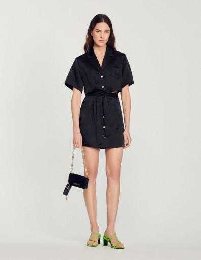 SANDRO 산드로 (창고정리) 23SS 린넨 혼방 컷오프 새틴 셔츠 미니 원피스 블랙