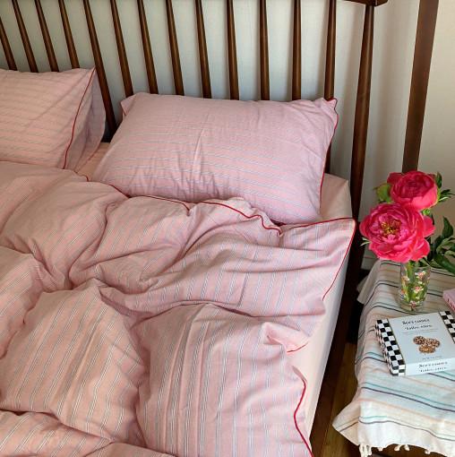 핑크 스트라이프 사계절 이불 커버 세트 바스락 호텔 순면 침구