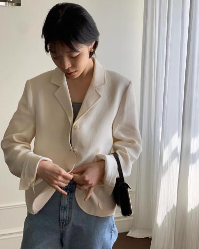 jinsim 진심 커스터드 자켓 카라 긴팔 린넨 쓰리버튼 싱글 jk