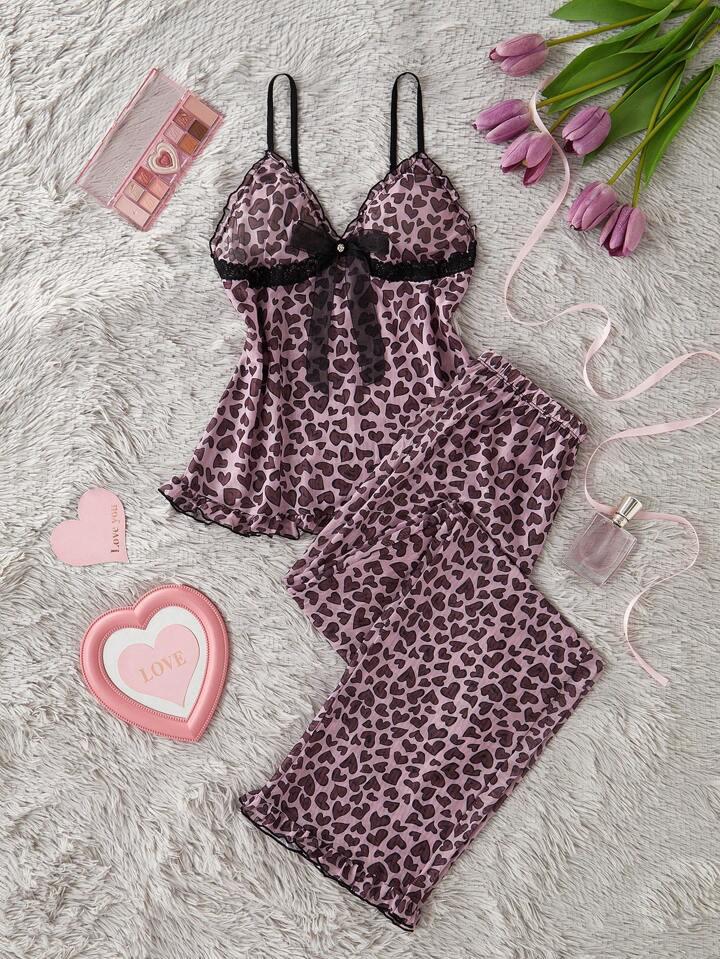 Bare Chapter 1개 여성용 섹시한 표범 무늬 하트 그래픽 캐미솔 및 긴 바지 파자마 세트