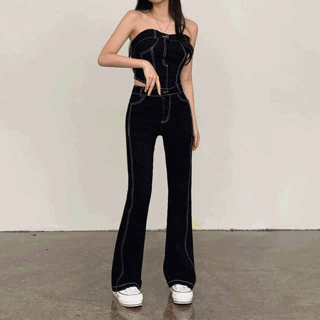 베쓰 데님 스티치 뷔스티에 튜브탑+하이웨스트 부츠컷 청바지 set [투피스/빈티지/페스티벌/썸머데님/흑청/여름바지]