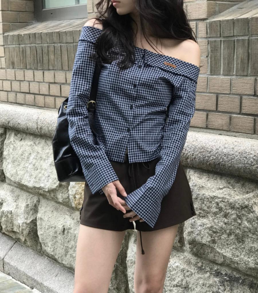Liz Off-Shoulder Check Blouse