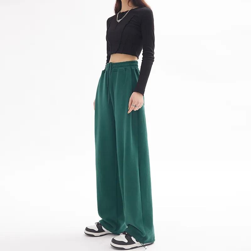 미국 스타일의 녹색 스웨트 팬츠 여성, 새로운 봄과 가을 높은 허리 드레이프 넓은 다리 바지 느슨한 발목 묶인 캐주얼 스웨트 팬츠 2023