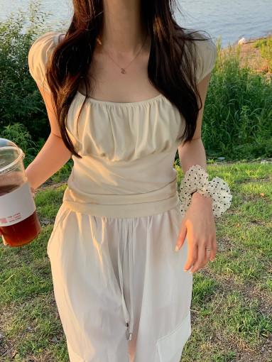 [ 오뉴어웨이 ] 피크닉 셔링반팔 퍼프 티 오프숄더티