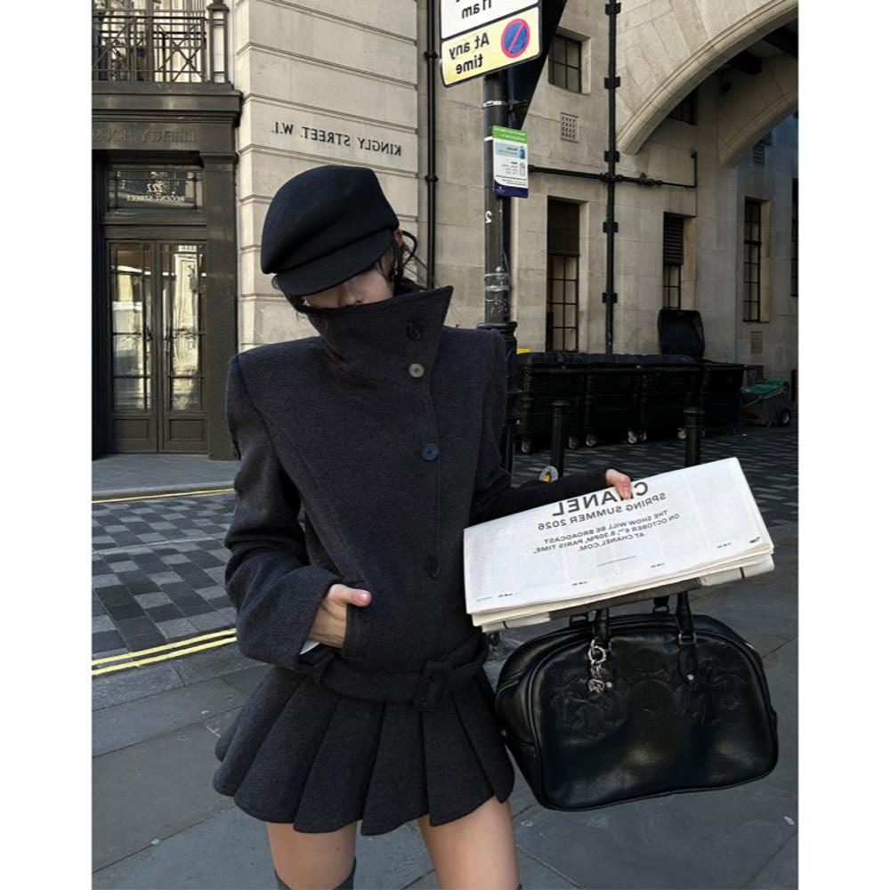 WARDEN EDGE 코트 그레이 터틀넥 쁘띠 슬림핏 두꺼운 울 코트