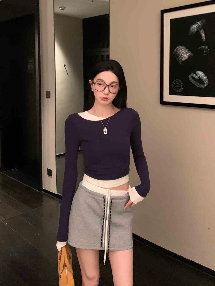 페이크 투피스 슬림 크롭티셔츠