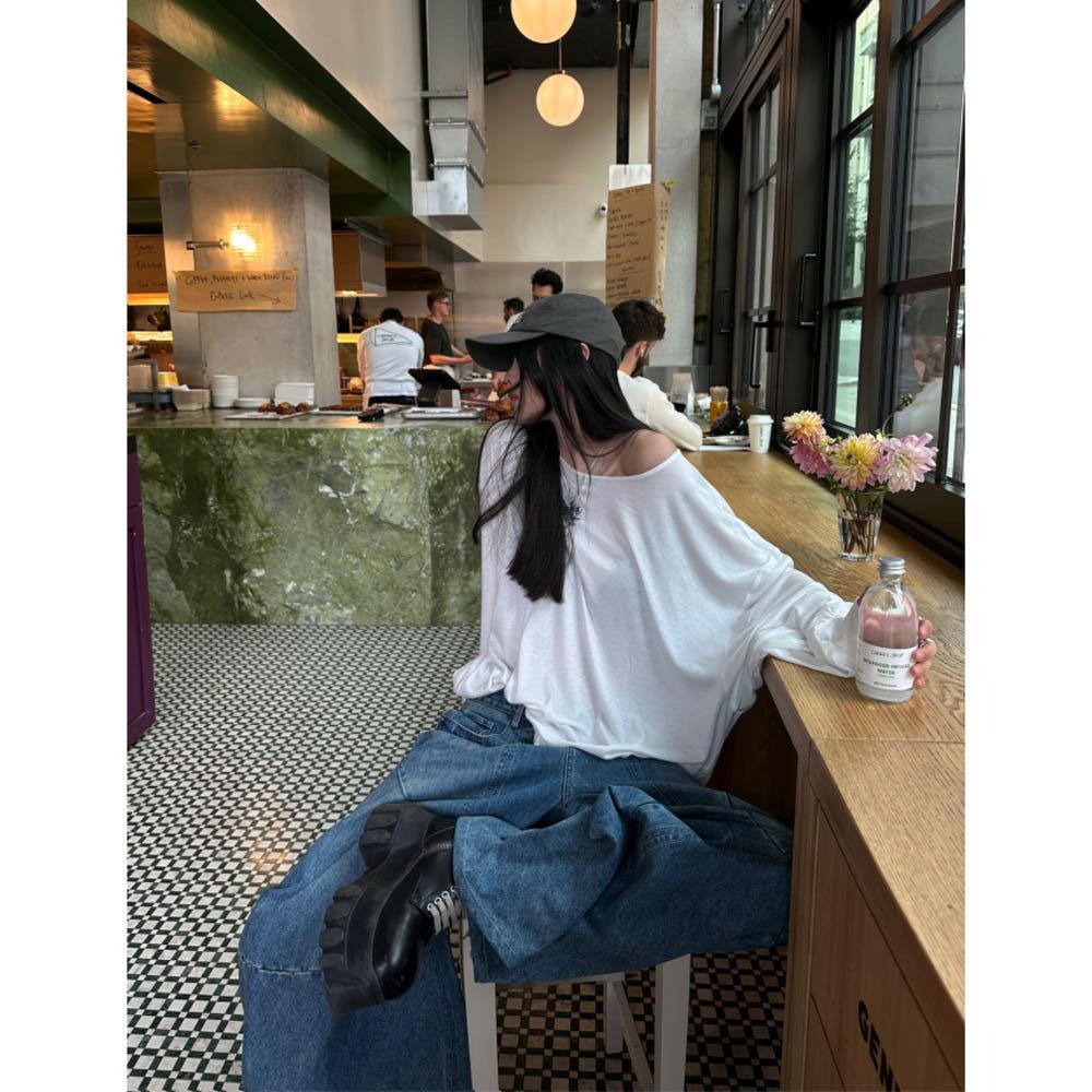 WARDEN EDGE 티셔츠 베이직 화이트 니트 루즈핏 긴팔티