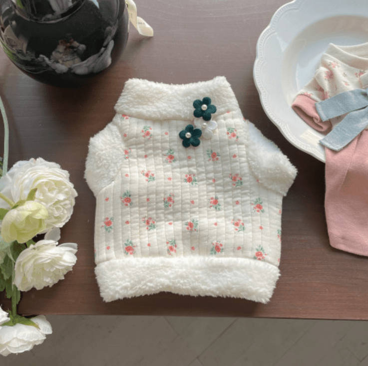 댕숩 강아지한복 장미꽃 양털 배자 S