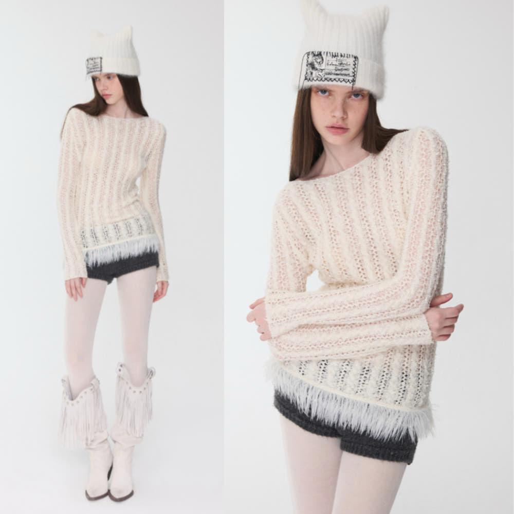 1JINN STUDIO 원진스튜디오 니트 케이블 니트 라운드넥 수술 그물 니트