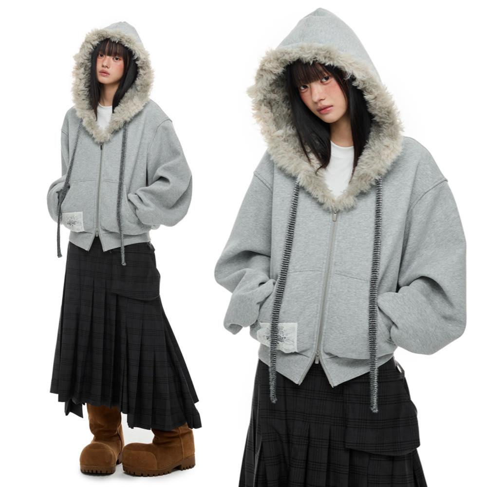 JIKOO 자켓 후드넥 퍼 퍼 칼라 후드 그레이 재킷