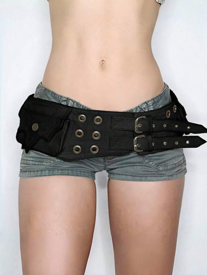ROMWE Grunge Punk Y2K 펑크 스타일 블랙 메탈 리벳 아이 멀티포켓 조절 가능한 메탈 버클 웨이스트 팩 여성용