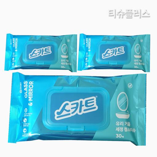[청소용품] 스카트 유리거울 세정티슈 캡형 30매X3개