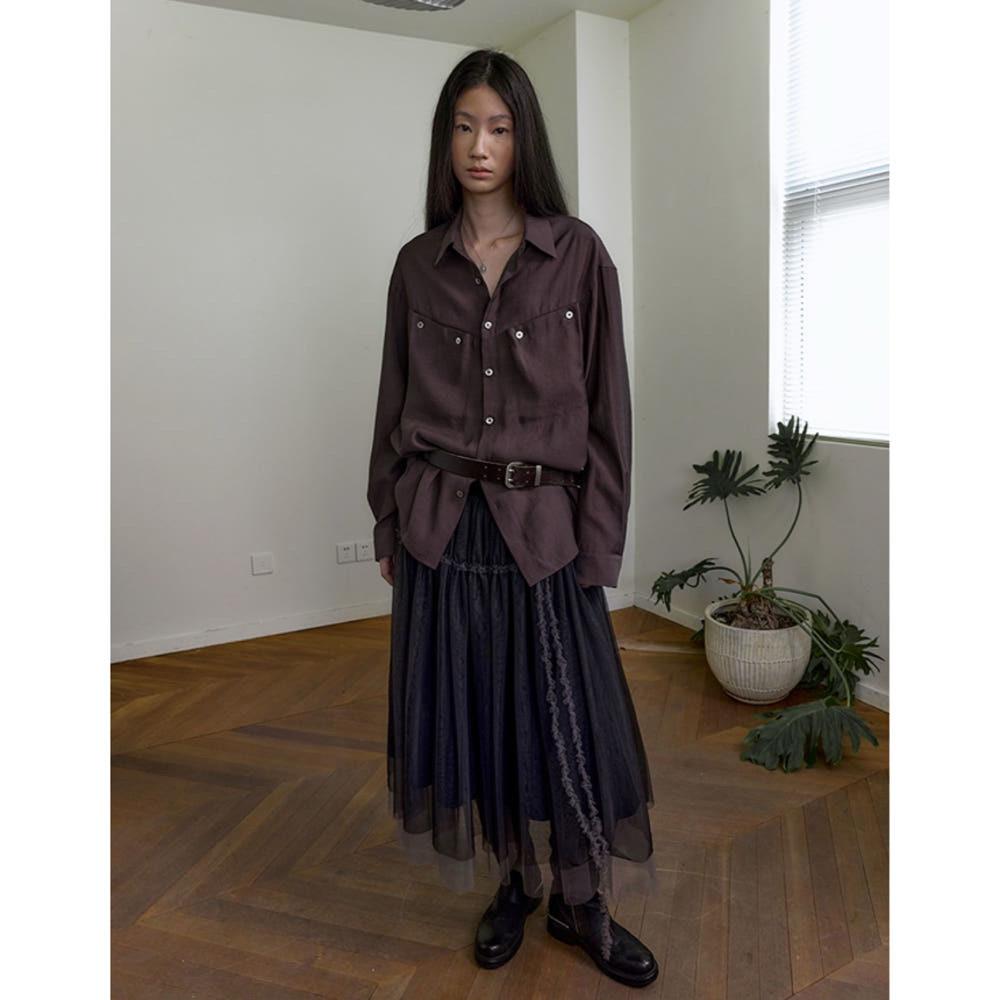 NEVERSEEZ 셔츠 블라우스 더블 포켓 블렌드 캐주얼 셔츠