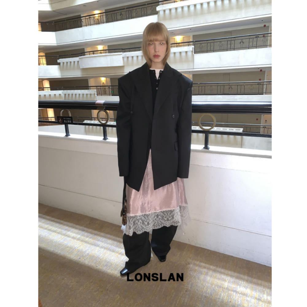 LONSLAN 자켓 루즈핏 카라넥 오버핏 수트 정장 자켓 (블랙)