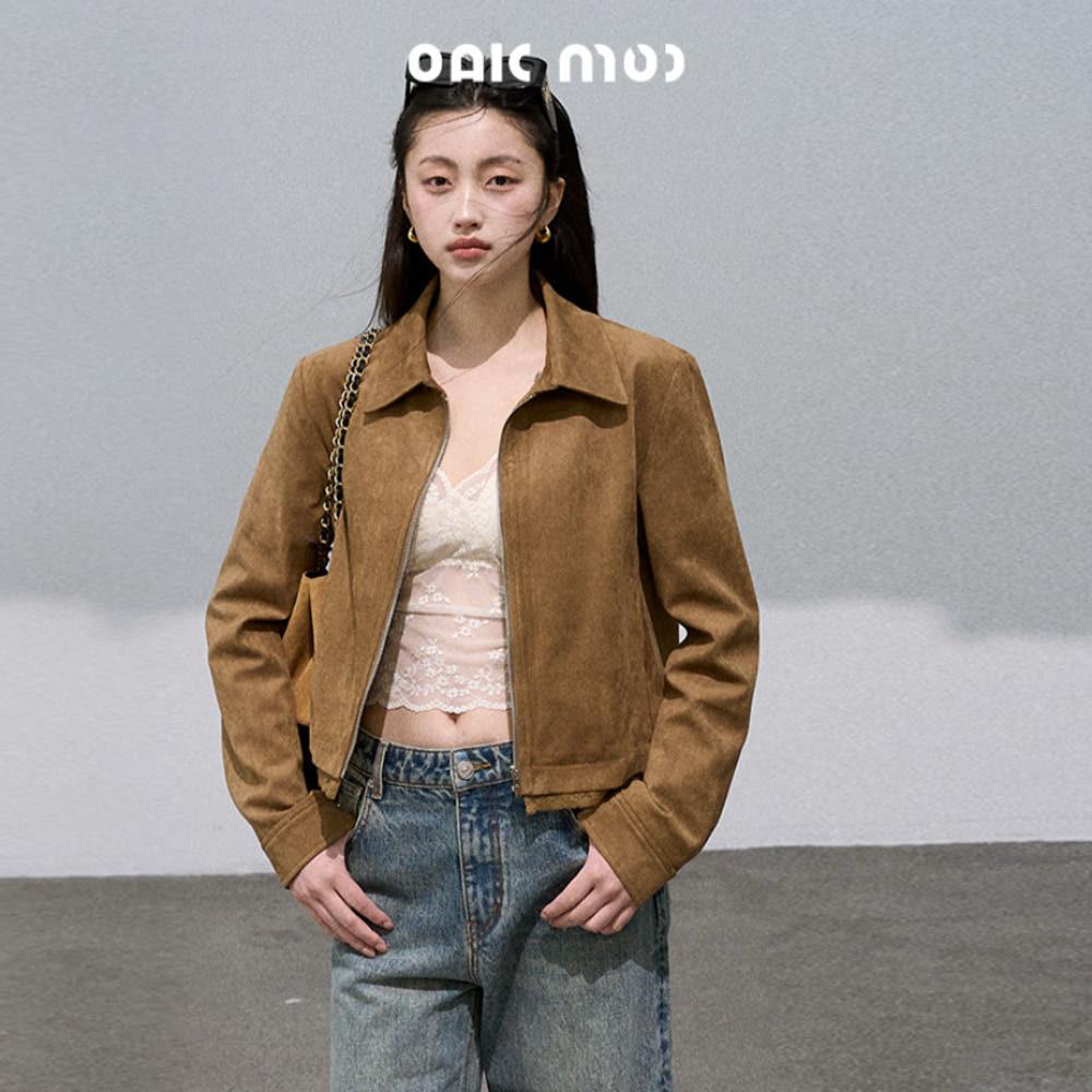 OAKMOO 자켓 스웨이드 레이스 라펠 루즈 텍스쳐 숏 재킷