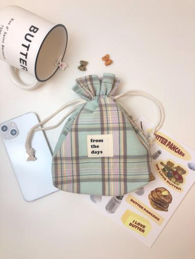 [자체제작/S,M] 민트 체크 복조리 파우치 / 스트링 파우치 손목 가방