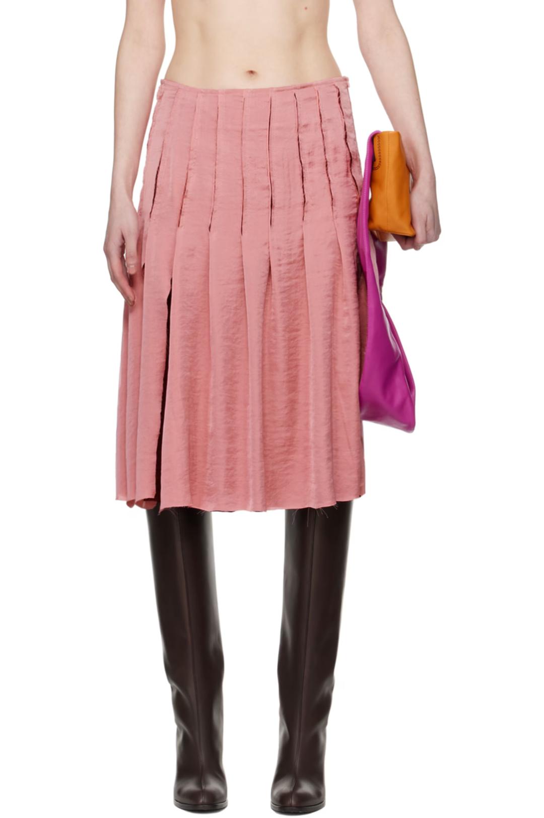 핑크 & 버건디 어라운드 플리츠 미디 스커트