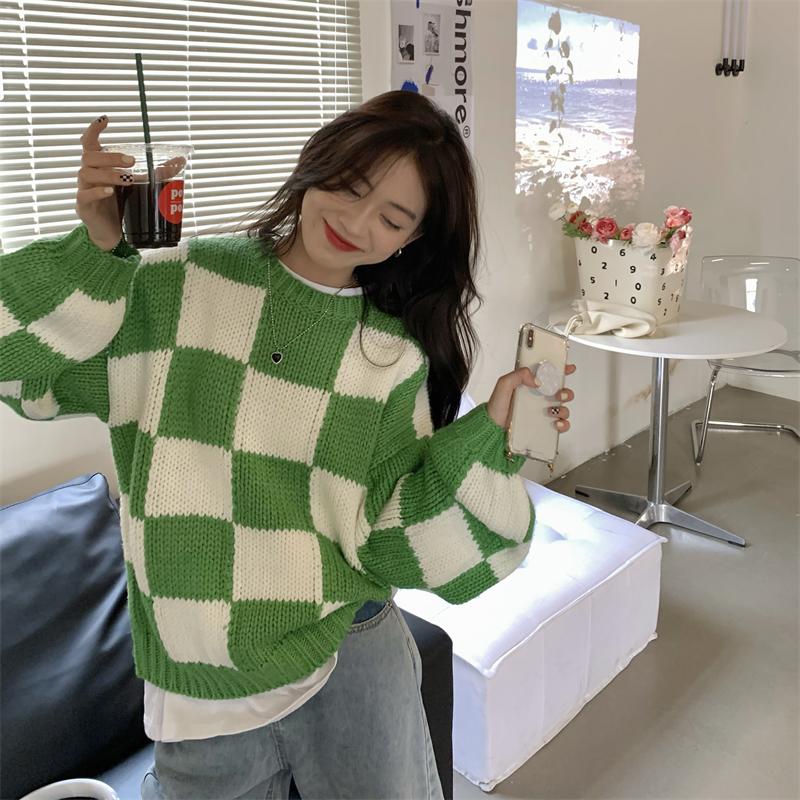 그린 체커보드 니트