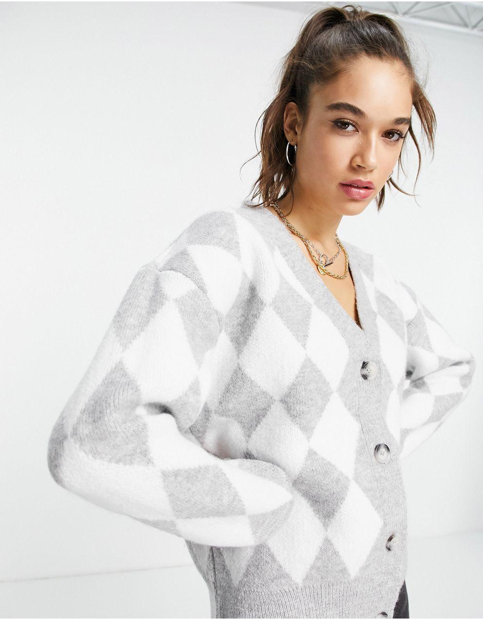 Topshop 그레이 말 소재의 토널 아가일 니트 카디