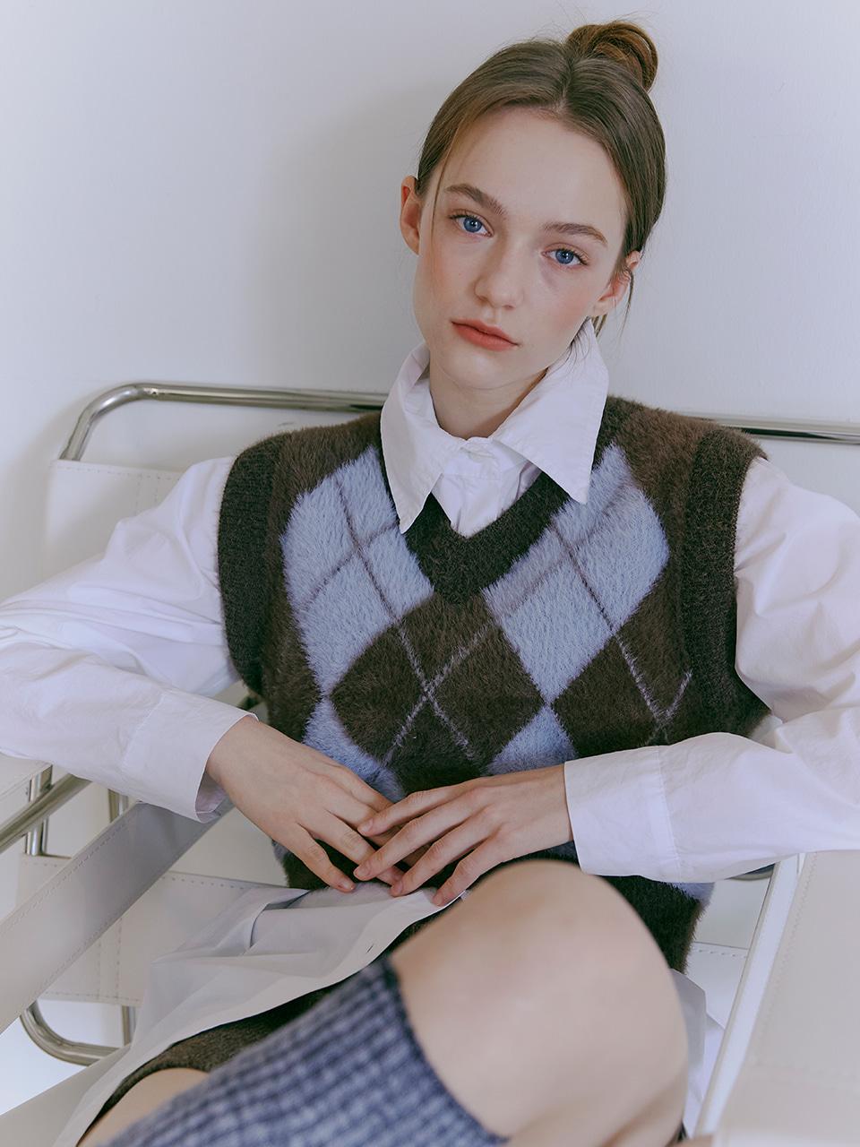 Argyle Fluffy Knit Vest, Light Blue