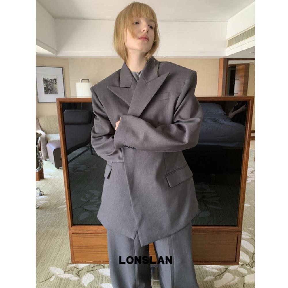 LONSLAN 자켓 루즈핏 카라넥 오버핏 수트 정장 자켓 (그레이)