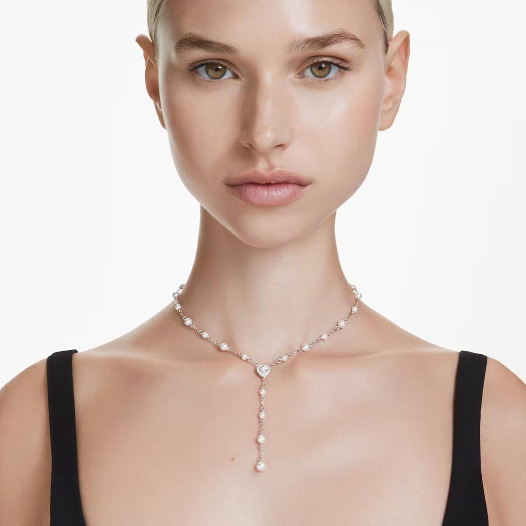 Ariana Grande x Swarovski Y 네크리스, 크리스털 펄, 믹스 컷, 크리스털 펄, 하트, 화이트, 로듐 플래팅