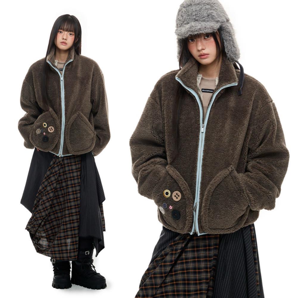 JIKOO 자켓 레트로 그레인 양면 플리스 양털 자켓 아우터 2COLOR