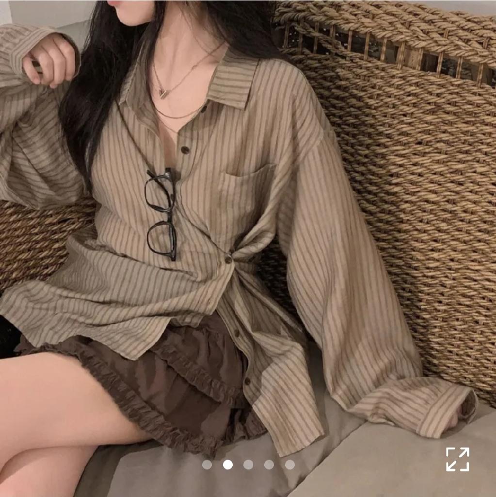 [자체제작/투웨이!] 커피 밀크티 색감, 온유#made썸 머 오버핏 투버튼 스트라이프 셔츠 남방