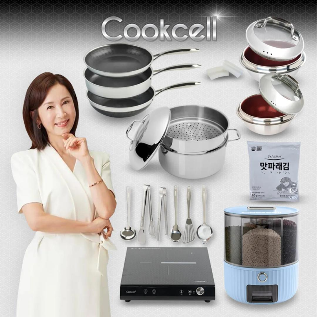 전인화의 쿡셀 세라믹 더블 블랙큐브 프라이팬X2+9L곰솥+레드가마솥세트(16cm+22cm)+28궁중팬+쿡셀회전잡곡통+쿡셀인덕션+키친툴 6종+손잡이2p+맛파래김