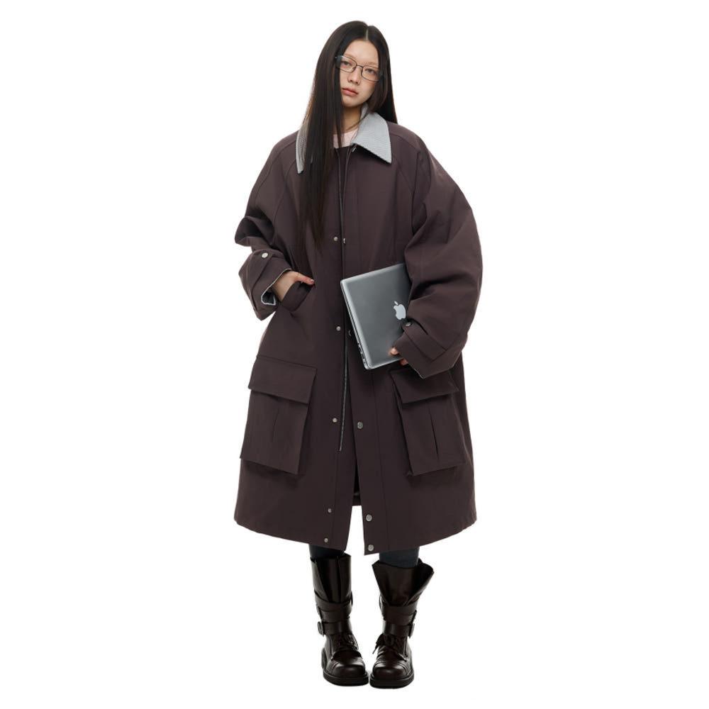 JIKOO 자켓 레트로 코듀로이 라펠 스티칭 롱 코튼 코트