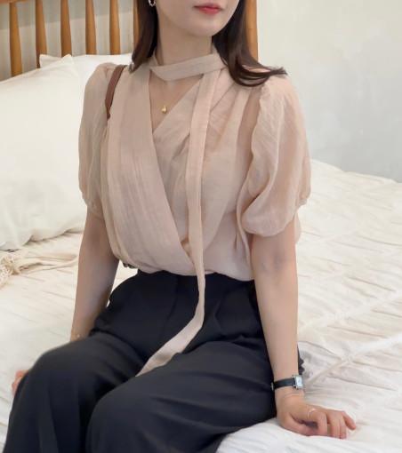 [핑크/브라운당일]에덴 타이 랩 블라우스(3color)