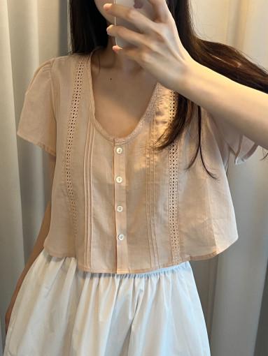 피치 / riette 리에뜨 케일 블라우스 코튼 반팔 퍼프 스카시 펀칭 크롭 bl (2col)