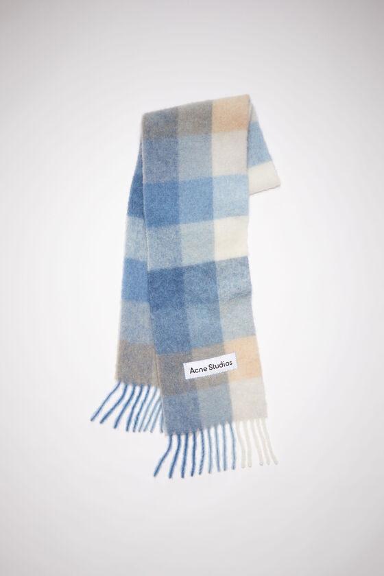 Checked wool fringe scarf - Pastel blue/beige