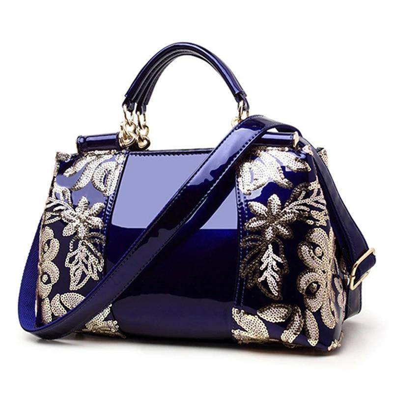 럭셔리 핸드백 여성 가방 디자이너 어깨 가방 sequined 자수 특허 가죽 핸드백 메신저 가방 totes bolsa feminina