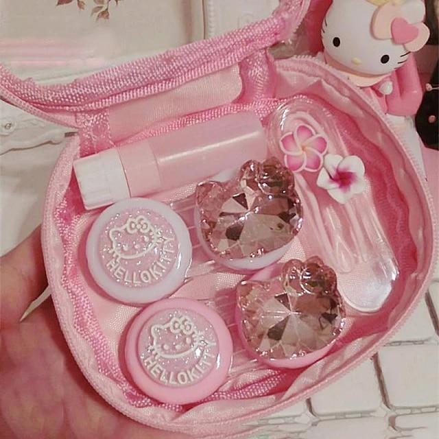Sanrio 헬로 키티 카와이 샤인 라인석 입체 장식 콘택트 렌즈 케어 박스, 귀여운 메이트 박스 세트