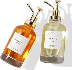 MoliMoli Coffee Syrup Dispenser for Coffee Bar, Coffee Pump Dispenser, Glass Syrup Bottle w. Pumps and Labels, 16.9 oz 500 ml, Set of 2, Gold